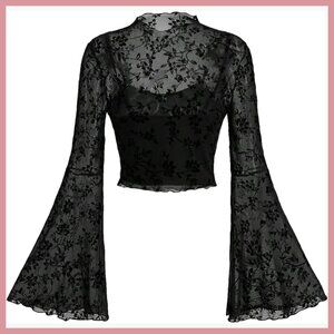 Mesh Crop Top with Long Bell Sleeves, Floral Print, Polyester Blend